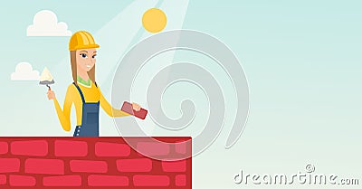 Bricklayer working with spatula and brick. Vector Illustration