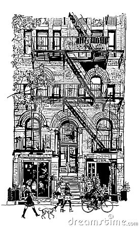 Bricks buildings facades with fire escape stairs in New York Vector Illustration