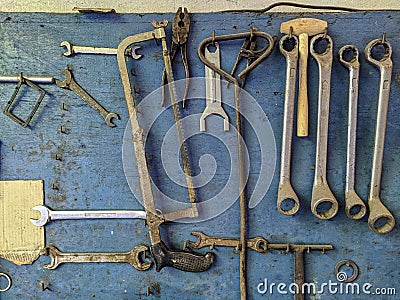 Bricolage tools showcase on a wall Stock Photo