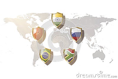 Brics Brazil, Russia, India, China, and South Africa countries flags in golden shield on world map background Cartoon Illustration