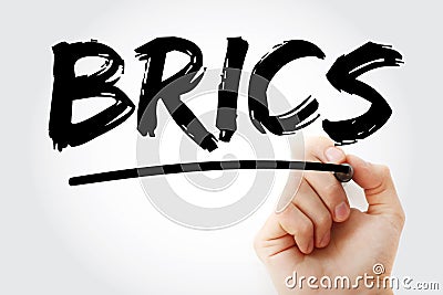 BRICS - Brazil, Russia, India, China, South Africa trade union acronym with marker, business concept background Stock Photo