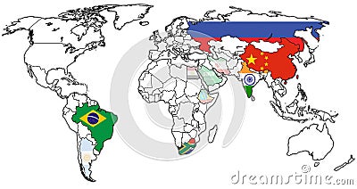 BRICS member countries and candidates territory on world map Stock Photo