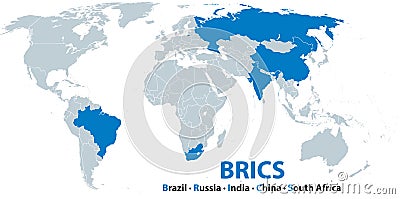 BRICS, member states, major emerging economies, political map Vector Illustration