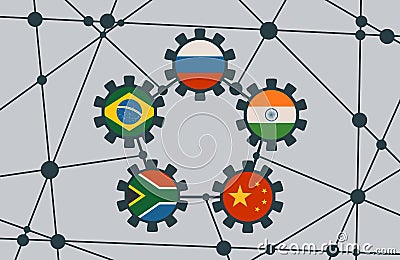 BRICS union members national flags on gears Vector Illustration