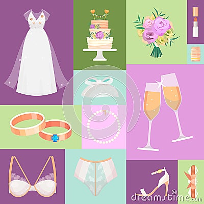 Bridal accessories pattern vector illustration. Items for wedding ceremony. Marriage elements dress, shoes, bouquet Vector Illustration