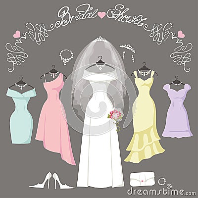 Bridal and bridesmaid dresses.Fashion background Vector Illustration