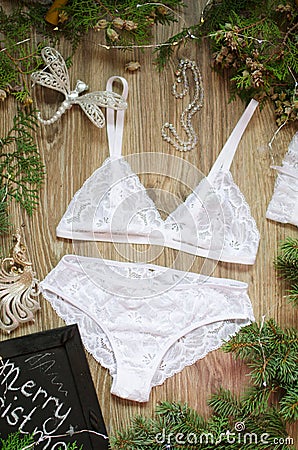 Bridal Christmas lace lingerie set. White bra and panties set on Stock Photo