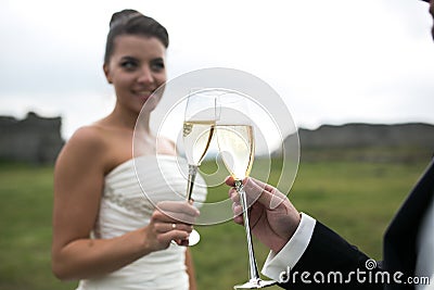 Bridal couple clink glasses of champagne Stock Photo