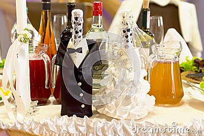 Bridal display with bottles dressed as the couple Stock Photo