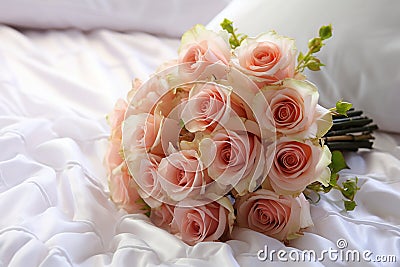 Bridal elegance flowers arranged on a pristine white bed Stock Photo