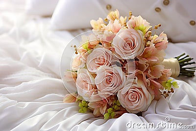 Bridal elegance flowers arranged on a pristine white bed Stock Photo