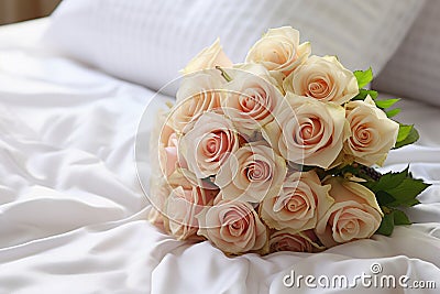 Bridal elegance flowers arranged on a pristine white bed Stock Photo