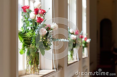 Bridal flowers in church Stock Photo