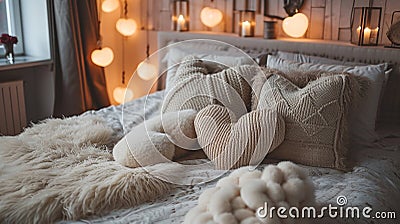 Bridal room pillows in the shape of a heart. Selective focus. Stock Photo