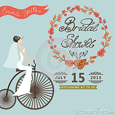 Bridal Shower invitation.Autumn wreath,bride,retro bicycle Stock Photo