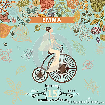 Bridal shower invitation.Bride,retro bicycle, Vector Illustration