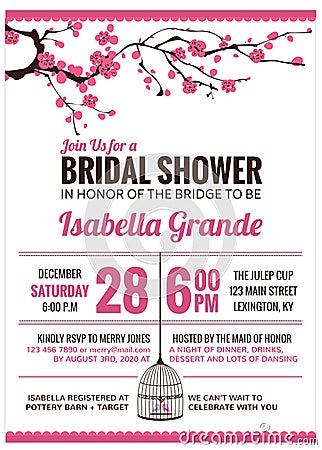 Bridal Shower Invitation card with cherry blossom Vector Illustration