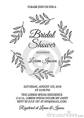 Bridal shower invitation card with hand drawn wreath of leaves. Vintage floral bridal party invite. Wedding stationery. Vector Vector Illustration