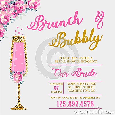 Bridal shower invitation with a glass of champagne Vector Illustration