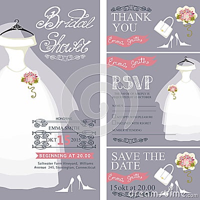 Bridal shower invitation.Wedding dress,bouquet Vector Illustration