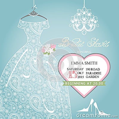 Bridal shower invitation.Wedding lace dress on Vector Illustration