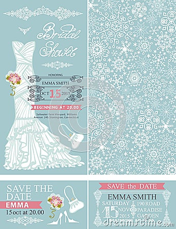 Bridal shower invitations. Winter wedding. Dress Vector Illustration