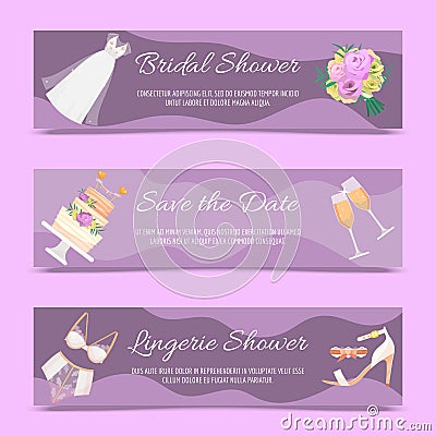 Bridal shower set of banners vector illustration. Save the date. Lingerie shower. Wedding accessories such as flower Vector Illustration