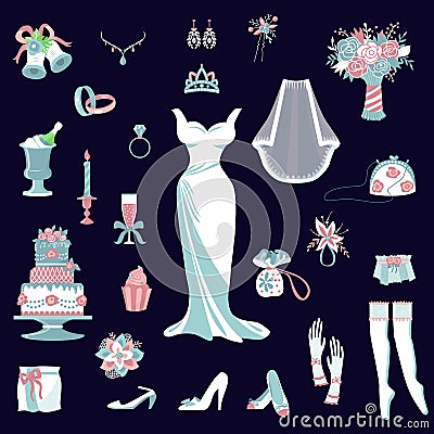 Bride accessories vector set wedding items for marriage ceremony bridal dress, shoes, garter, bouquet, veil, jewelry Vector Illustration