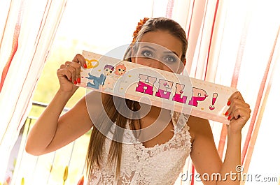 Bride afraid calling for help Stock Photo