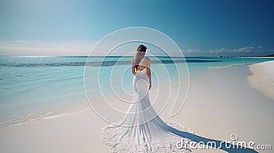 Bride on the beach, model in elegant long gown dress on the Maldives beach, travel Stock Photo