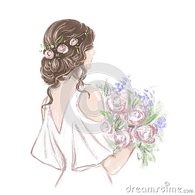 Bride with beautiful hairstyle. Hand drawn illustration in classic vintage style Vector Illustration