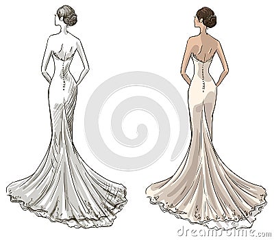 Bride. Beautiful young girl in a wedding dress. Long dress with a tail. Vector Illustration