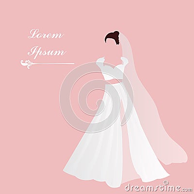 Bride. Bridal gown. White dress. Pink background. Add text. Bridal shower invitation. Vector Illustration