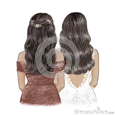 Bride and Bridesmaid, brunettes with tan skin. Hand drawn Illustration Vector Illustration