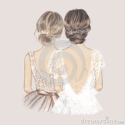 Bride and bridesmaid side by side, wedding invitation. Hand drawn illustration in vintage style Cartoon Illustration