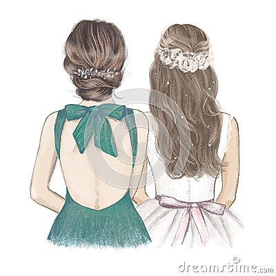 Bride with bridesmaid side by side, wedding invitation. Hand drawn illustration in vintage style Vector Illustration