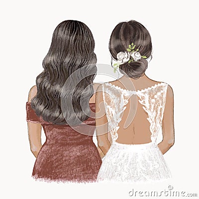 Bride and bridesmaid with tan skin. Hand drawn illustration Vector Illustration