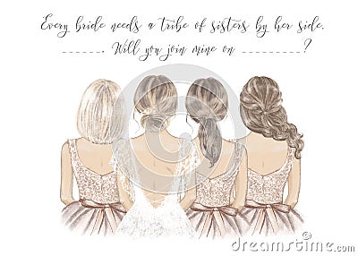 Bride with Bridesmaids in a line, hand drawn illustration Vector Illustration