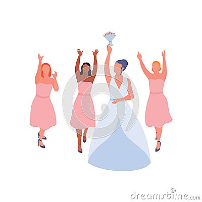 Bride dropping wedding bouquet to bridesmaids. Woman in cute bridal gown throwing marriage bouquet. Wedding ceremony. Vector Illustration