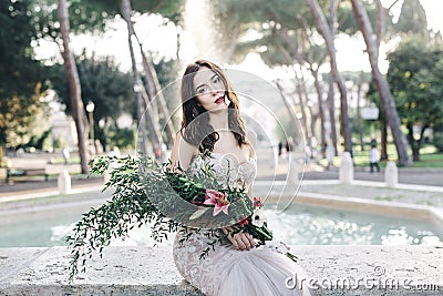 Bride fashion with flower bouquet Stock Photo