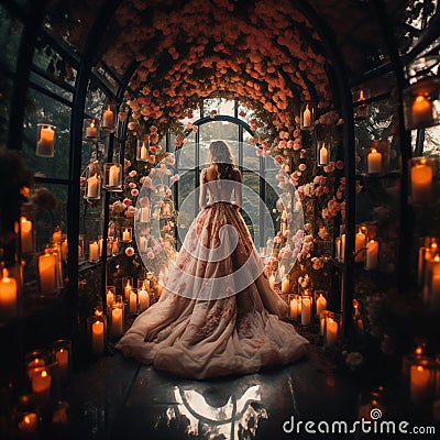 A bride standing near wedding arch decorated with flowers and candles. Stock Photo