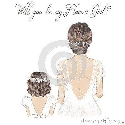 Bride and Flower Girl hand drawn illustration. Wedding card, invitation. Vector Illustration