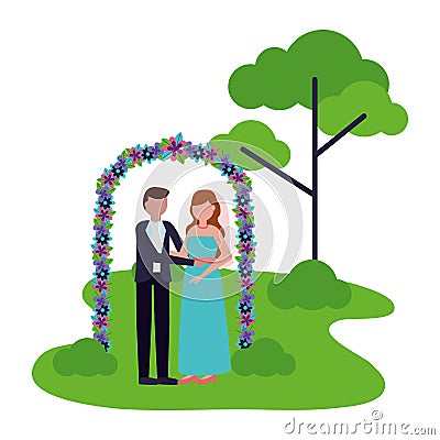 bride and groom arch flowers decoration wedding Cartoon Illustration