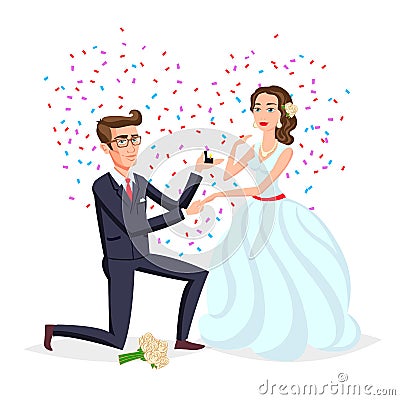 Bride and groom as love wedding couple illustration. Cartoon husband and romantic wife ceremony, female with flowers. Marriage cer Vector Illustration