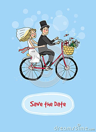 Bride and groom on a bicycle - Save The Date Vector Illustration