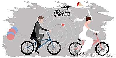 Bride and groom on bicycles. Just married couple Vector Illustration