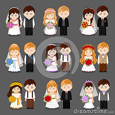 Bride and groom. Big set of newlywed couple. Vector Illustration