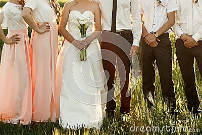 bride and groom with bridesmaids and groomsmen posing in sunlight evening in mountains. gorgeous wedding couple Stock Photo