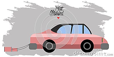 Bride and groom on a car. Just married couple Vector Illustration