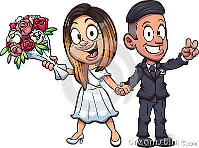 Cartoon bride and groom holding a flower bouquet Vector Illustration